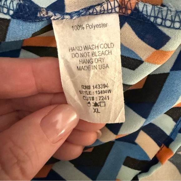 Cotton Bleu Geometric Print Blouse Size XL Blue Orange - Picture 4 of 4